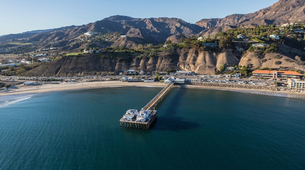Aerial of Malibu Pier and the Santa Monica Mountains in Southern California
