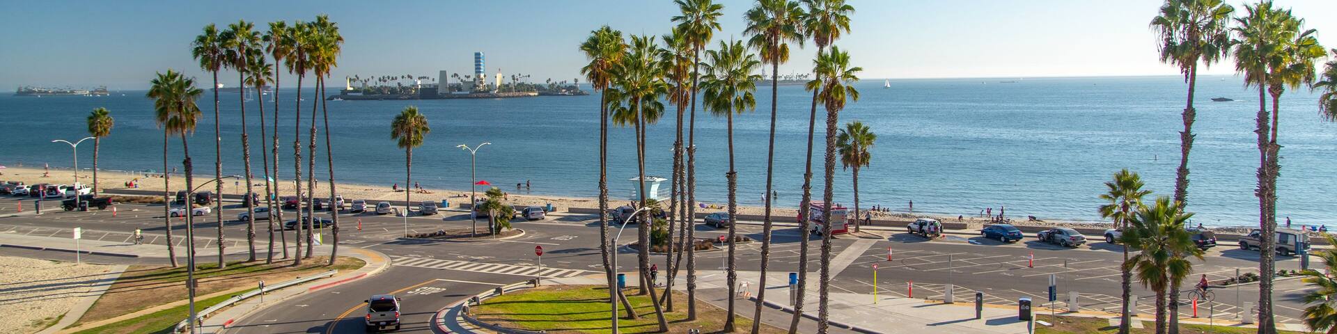 A coastal road with palm trees, a beach, and a clear blue sky.
