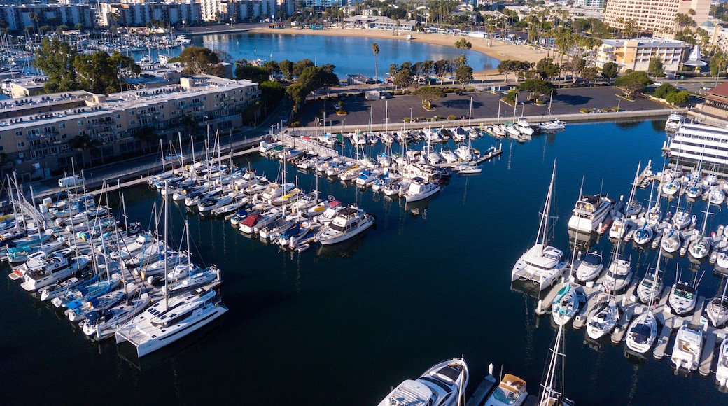 Aerial drone views of the marina in Marina Del Rey, California in the morning light. Views of docked boats, marina beach, marina towers, venice and marina del Rey neighborhoods, the beach, and Los Ang