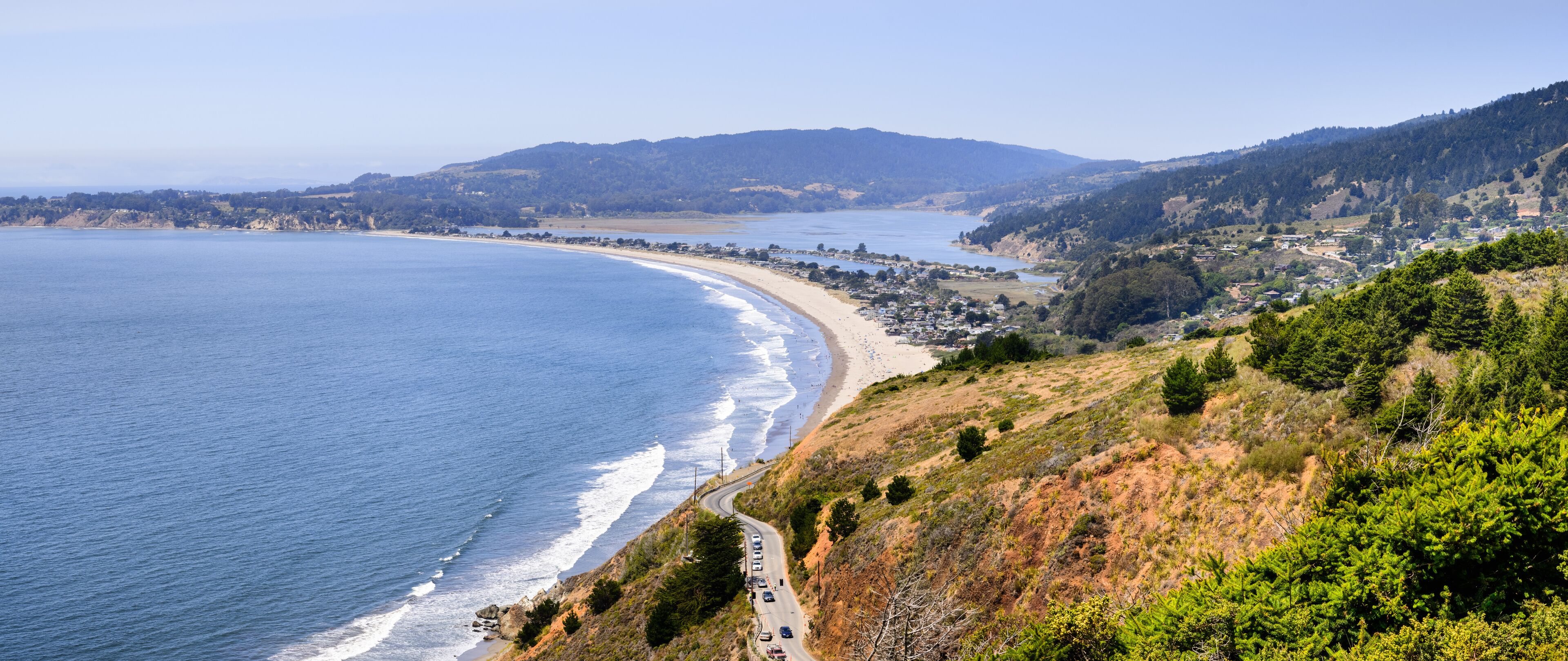 Aerial view of the Stinson Beach area of the Pacific Coastline, Marin County, north San Francisco bay area, California