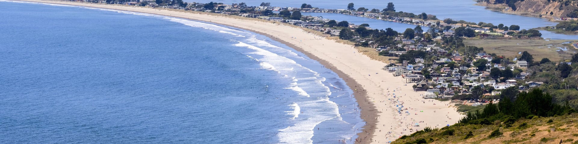 Aerial view of Stinson Beach and Bolinas lagoon, Marin County, north San Francisco bay area, California