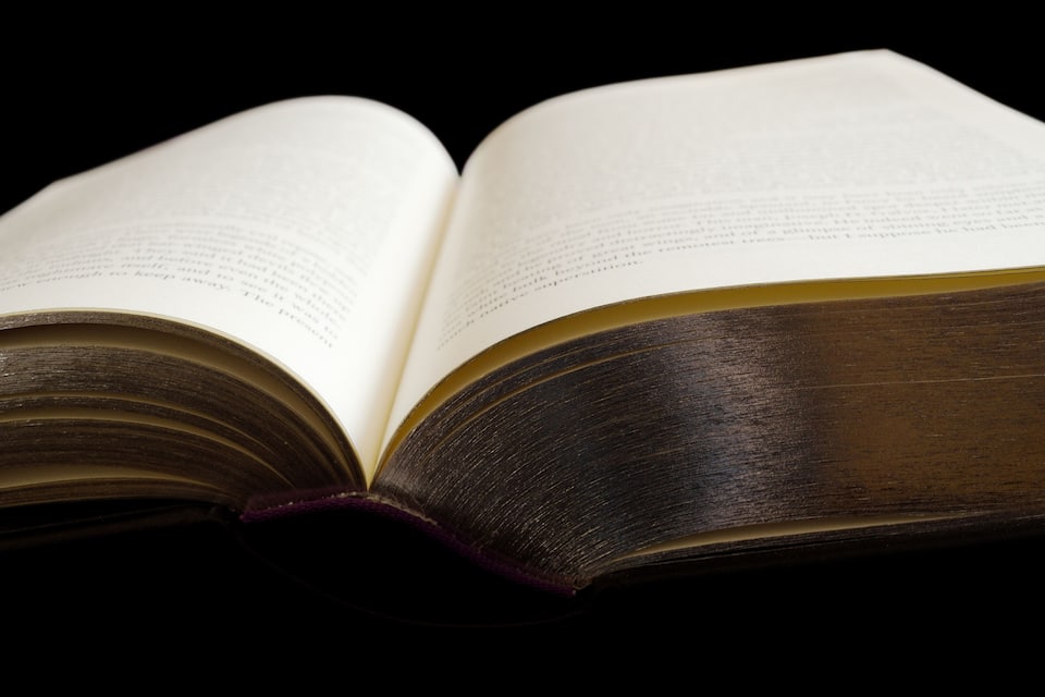 An open book with a dark cover and white pages.