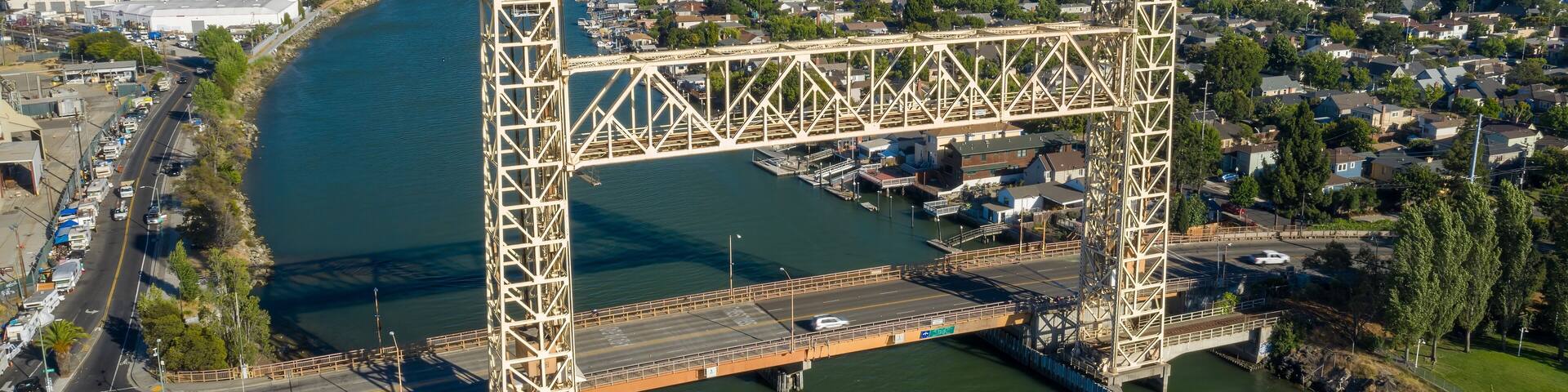 Aerial view of the Miller Sweeney Bridge And Fruitvale Railroad Bridge , showing the intricate metalwork and surrounding cityscape., Alameda, California, USA