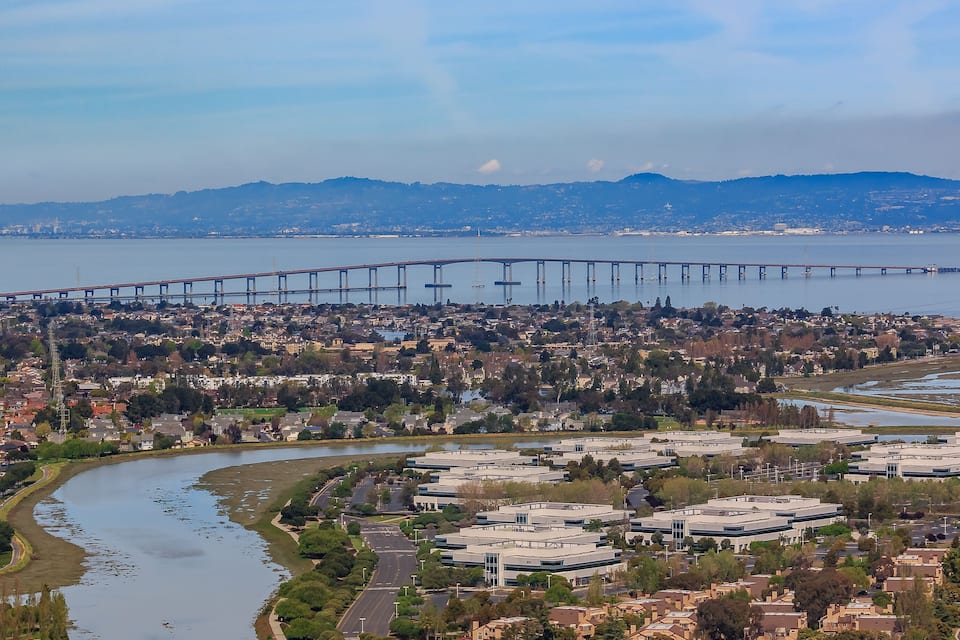 A cityscape with a prominent bridge spanning a river, surrounded by residential areas and greenery.
