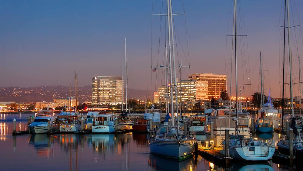 A marina with multiple sailboats docked at night, reflecting in calm waters, with city buildings in the background.