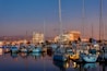Emeryville, CA panorama at night. The beautiful harbor with the Berkeley Hills in the background