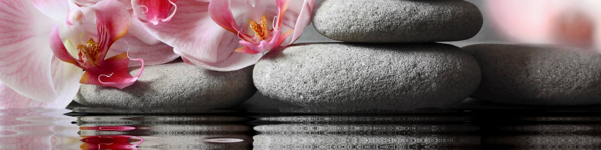 Set of pink orchid and gray spa stones on water and reflection.