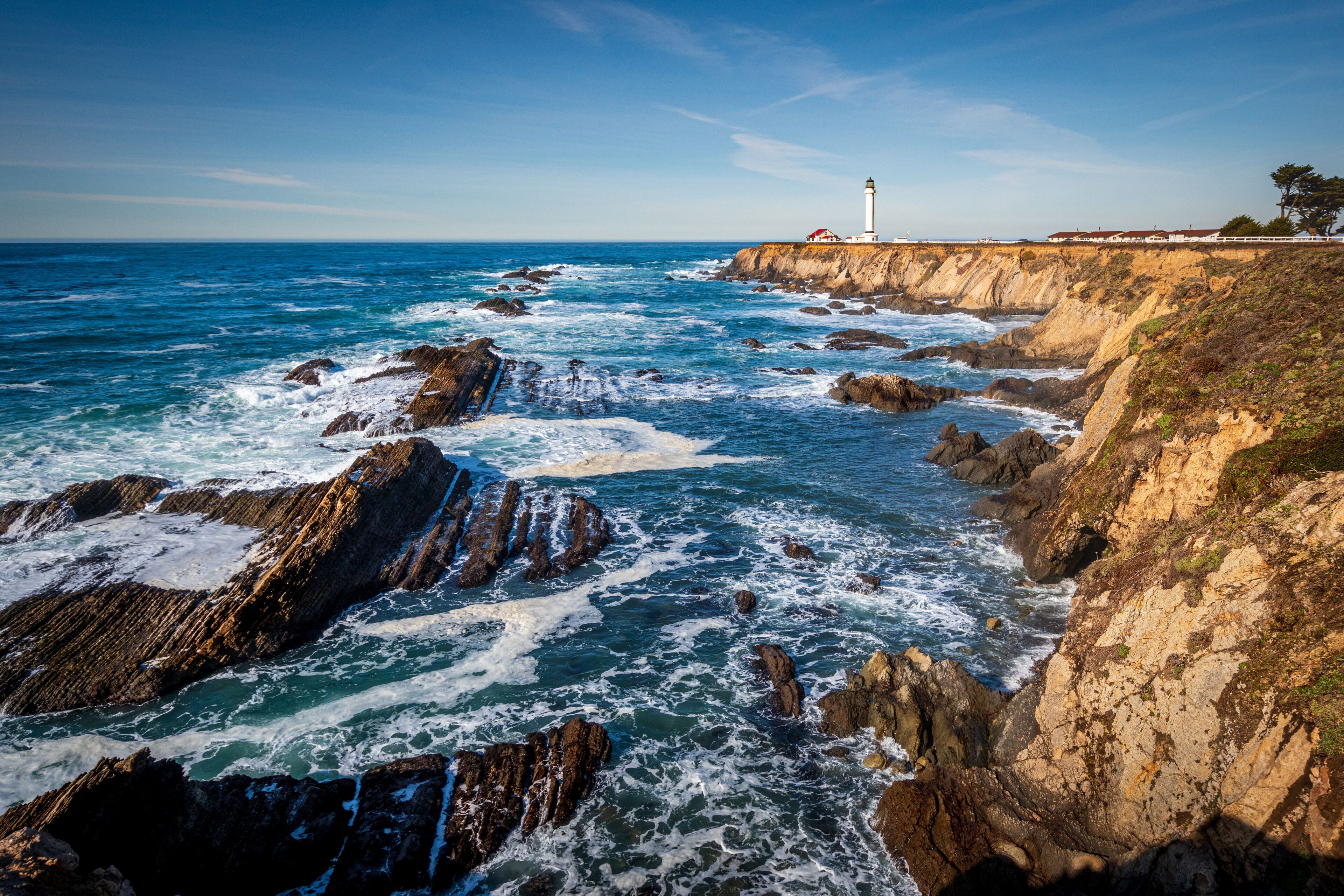 Pt. Arena Lighthouse in Mendocino County, California.  The 150 year old lighthouse with a 115 foot tower is located 130 miles north of San Francisco, CA.