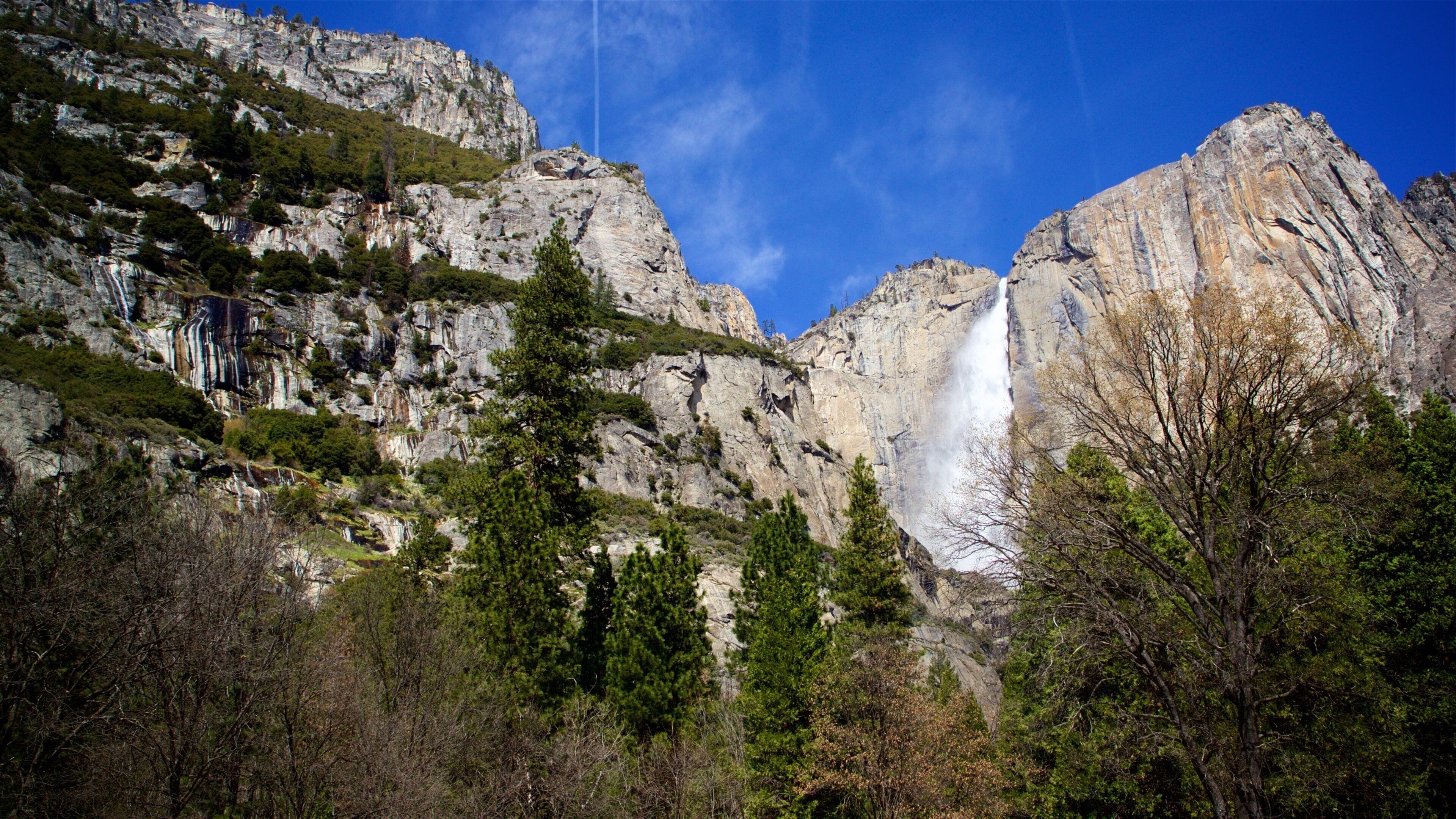Yosemite Lodge Amphitheater showing a cascade and mountains