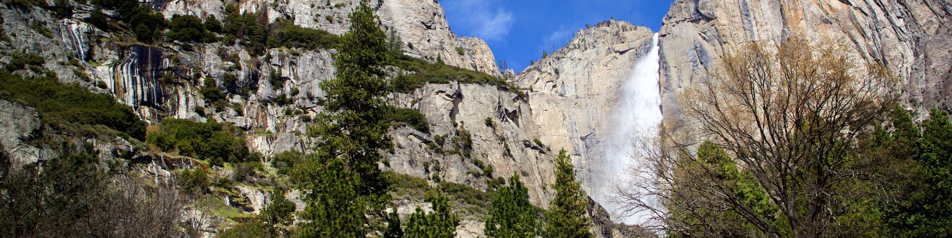 Yosemite Lodge Amphitheater mostrando montañas y una catarata