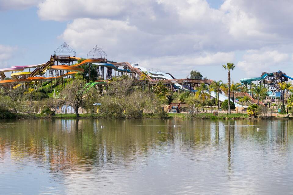 A water park with various slides and structures.