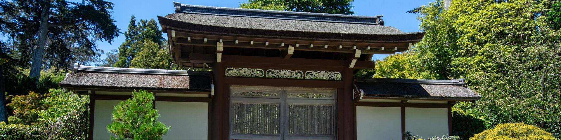 Un torii japonés tradicional con techo de paja, rodeado de follaje cuidado y faroles de piedra.