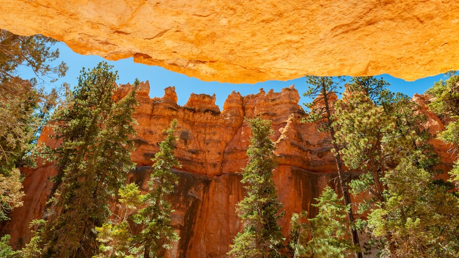 Rock Overhang in Bryce Canyon National Park. A rest stop on the Queens Garden Trail allows for some shade under a rock outcropping providing views of the Queens Garden.