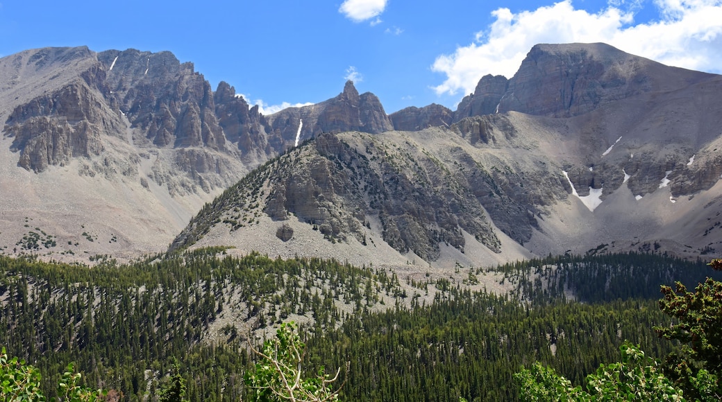 picturesque wheeler peak, pyramid peak, and jeff davis peak on a sunny summer day along the alpine lakes loop trail in great basin national park near baker, nevada