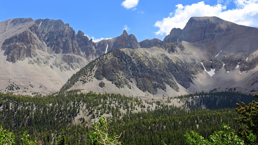 picturesque wheeler peak, pyramid peak, and jeff davis peak on a sunny summer day along the alpine lakes loop trail in great basin national park near baker, nevada