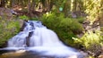 Uma cascata em área arborizada, com vegetação verde densa e terreno rochoso.