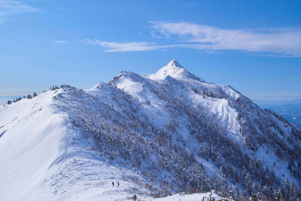 A snow-covered mountain peak with a clear sky.