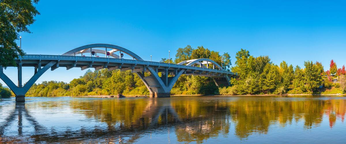 Eine Brücke über einem Fluss, gesäumt von Bäumen, unter blauem Himmel.
