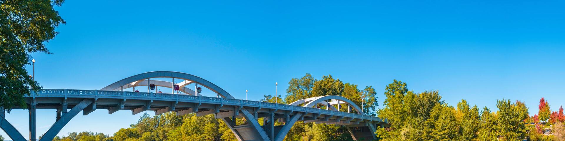 Un puente sobre un río, con árboles y cielo despejado.