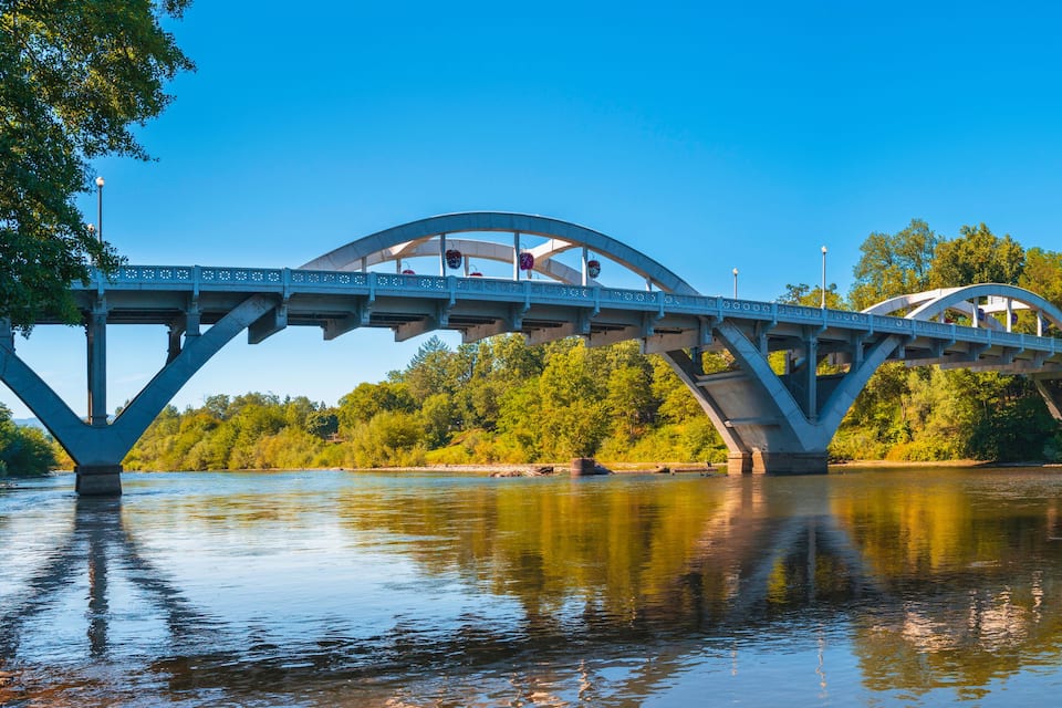 A bridge over a river with trees and a clear sky.