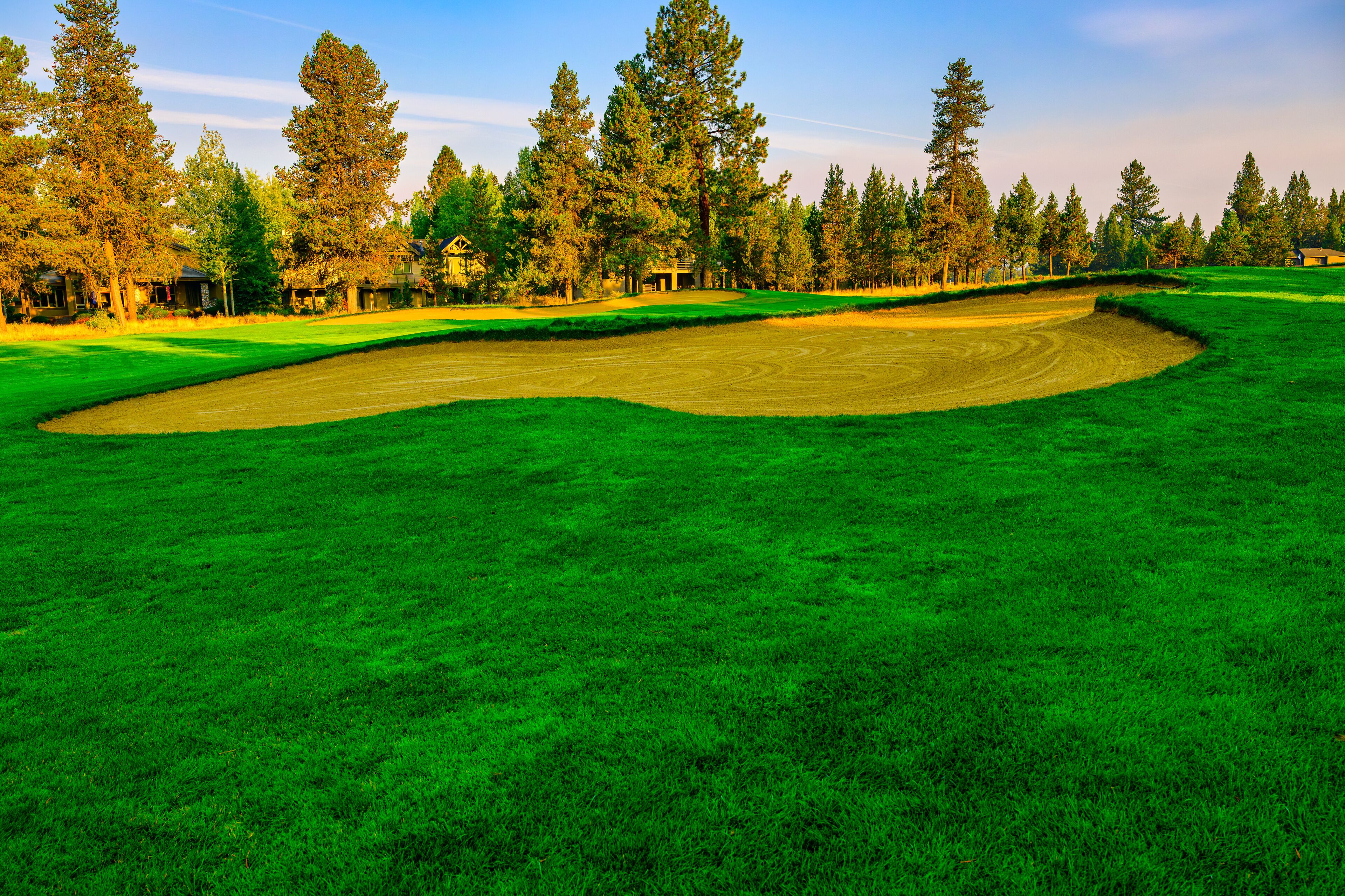 2024-09-10 SANDTRAP ON A GOLF COURSE WITH NICE GREEN GRASS SURROUNDING THE TRAP ON A GOLD COURSE IN SUNRIVER OREGON