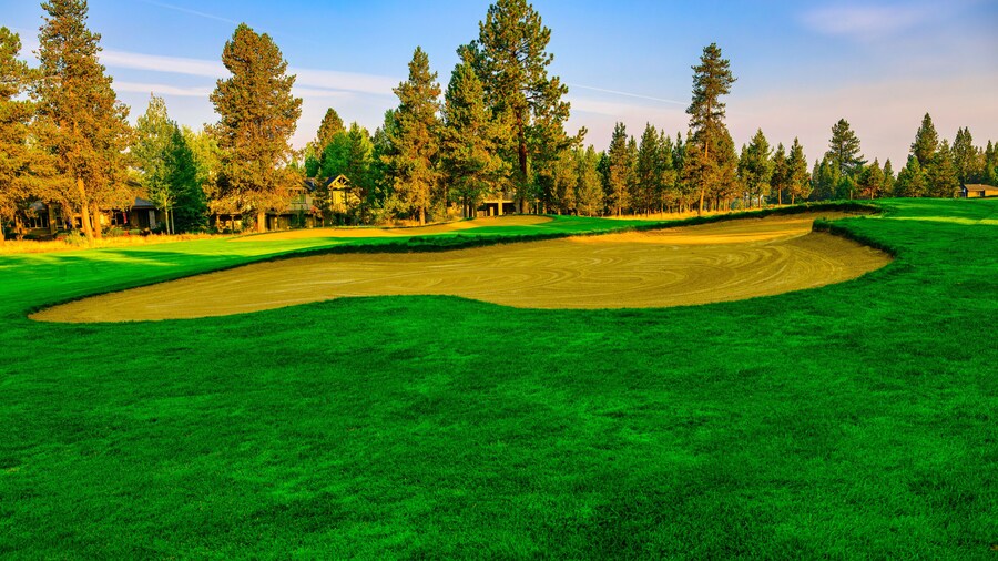 2024-09-10 SANDTRAP ON A GOLF COURSE WITH NICE GREEN GRASS SURROUNDING THE TRAP ON A GOLD COURSE IN SUNRIVER OREGON