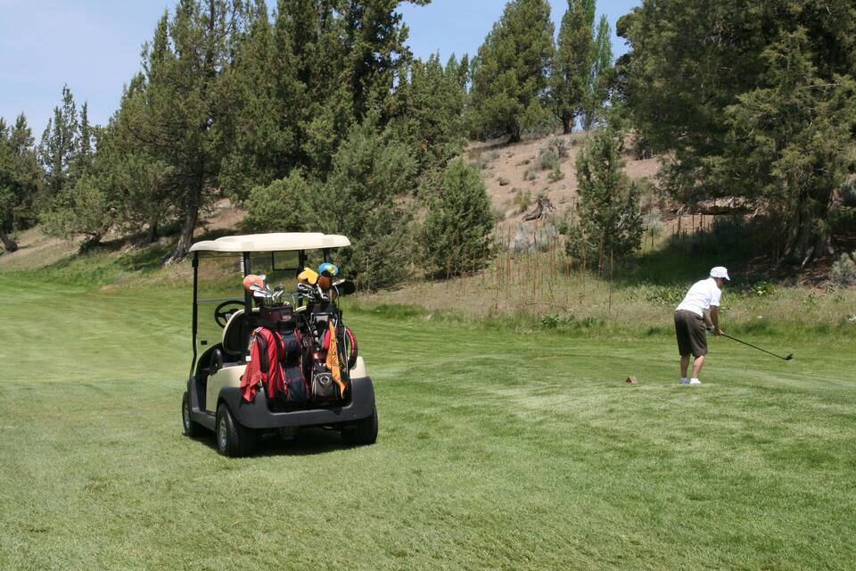 A golf course with a golf cart and a golfer preparing to take a shot.