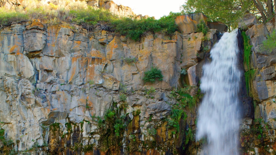 Water gushes down a colorful rock wall in Centennial Waterfront Park in Twin Falls, Idaho