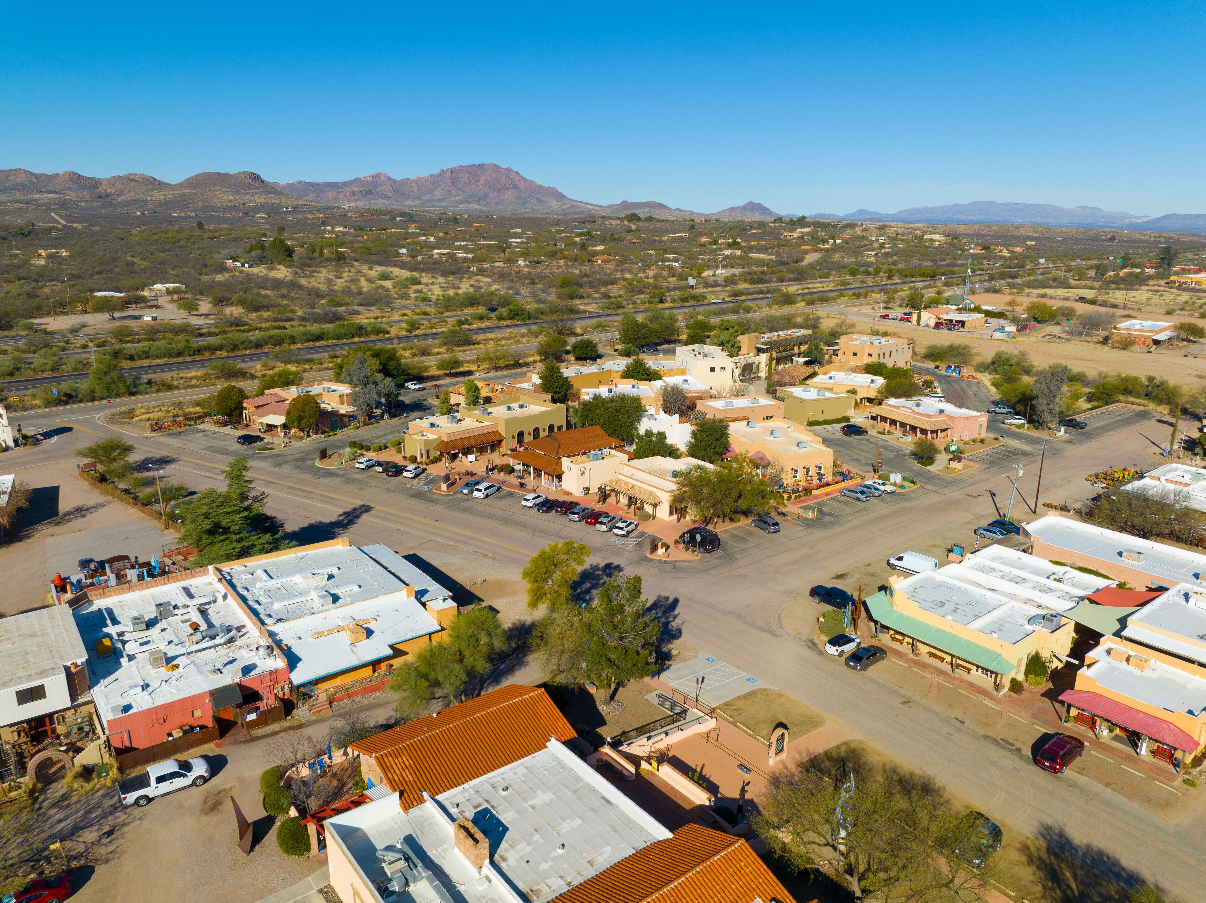 Tubac historic town center aerial view including Tubac Plaza and historic adobe style house on Tubac Road in town of Tubac, Santa Cruz County, Arizona AZ, USA. 