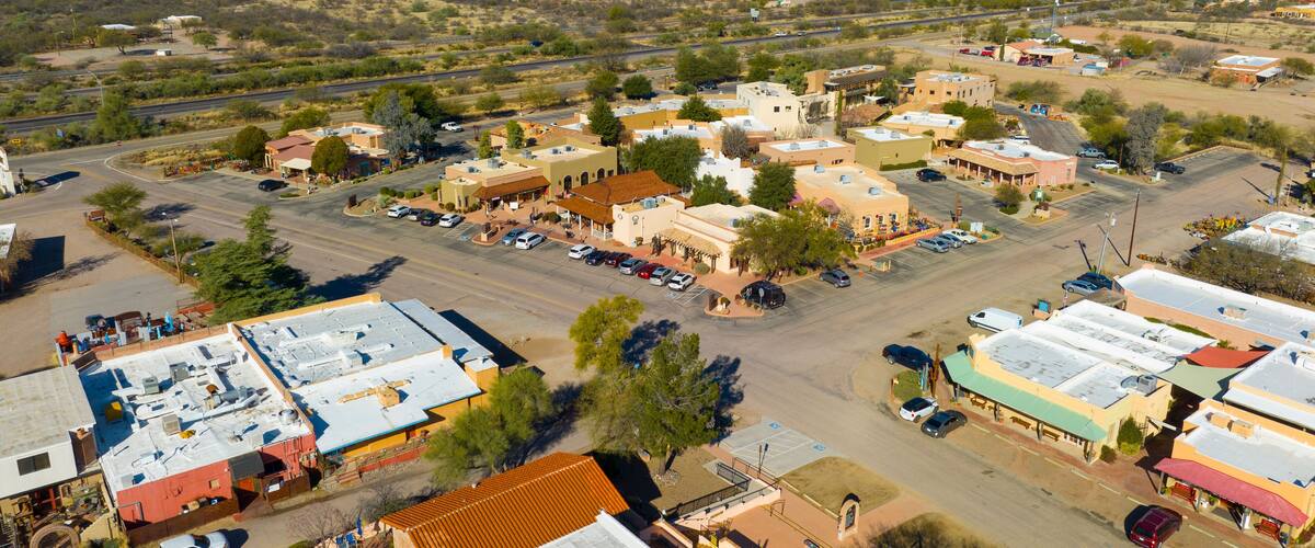 Tubac historic town center aerial view including Tubac Plaza and historic adobe style house on Tubac Road in town of Tubac, Santa Cruz County, Arizona AZ, USA.
