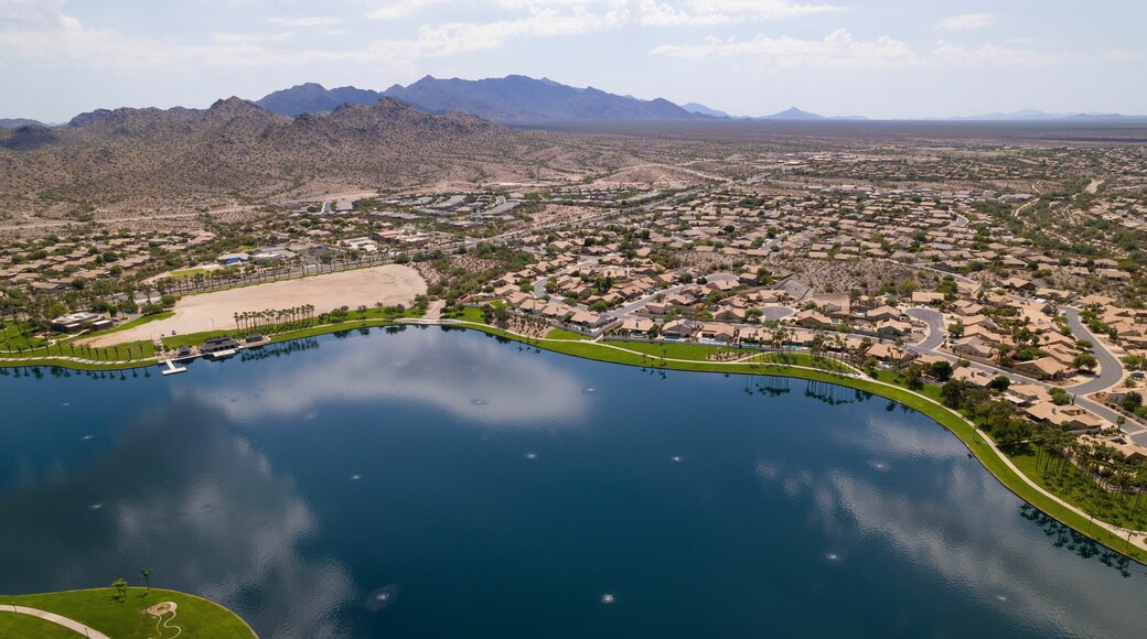 Aerial view of North Lake and Goodyear, Arizona cityscape with mountains in the background