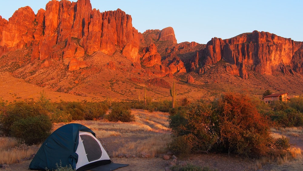 Camping at sunset the Lost Dutchman State park. Tonto National Forest, Arizona