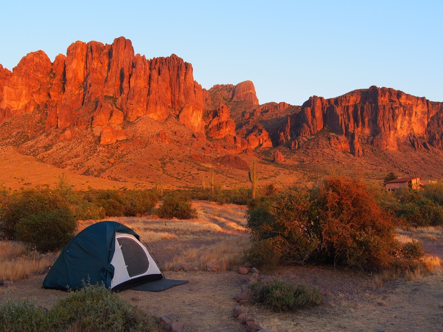 Camping at sunset the Lost Dutchman State park. Tonto National Forest, Arizona