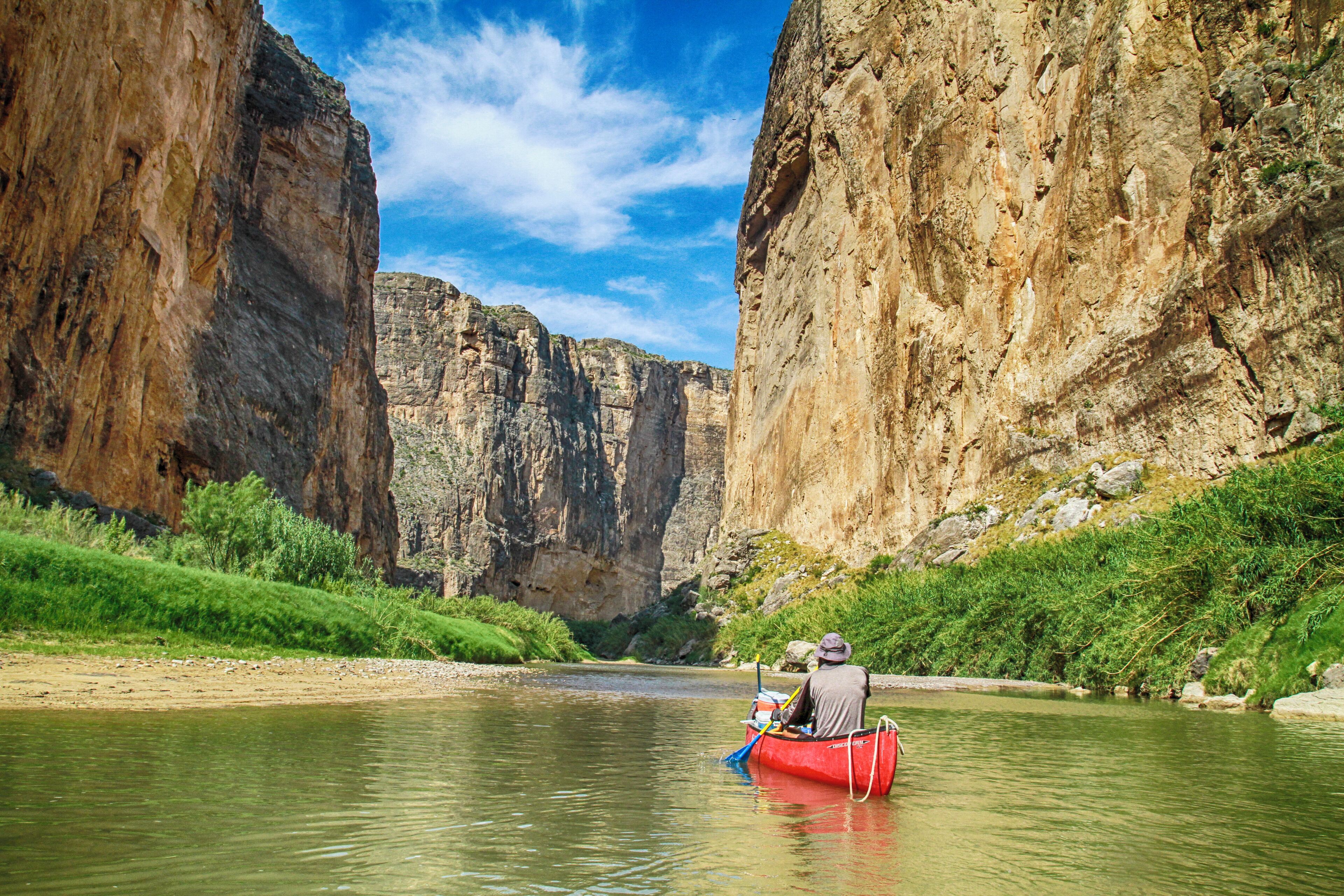 The Rio Grande River winds 12 miles down Santa Elena Canyon in Big Bend National Park, Texas. When the water is high you can come down the 1,500 foot walled canyon. With less water flowing, guides take you 3 to 4 miles up the canyon with some spots having to portage. But take it all in stride because the views are breathtaking. I recommend Big Bend River Tours. You might get lucky and have the guides that take you a half mile up a side canyon. An excellent day excursion in the out of the way national park.