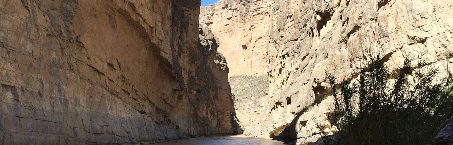 Depending on the water level, you might need to wade thru or step over a relatively narrow creek to get to the best viewing spot overlooking Santa Elena Canyon in Big Bend National Park. In the picture, the left side of the river is Mexico; USA is on the right side.