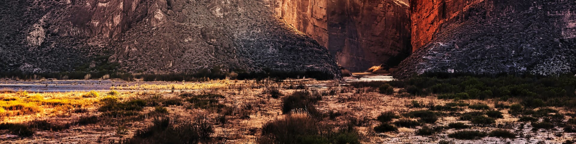 Santa Elena Canyon, Big Bend National Park, USA, showing evening sunrays.
