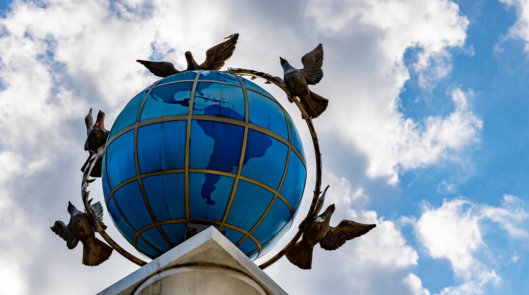 Sign of zero kilometer. Globe on the Independence Square.Kiev.