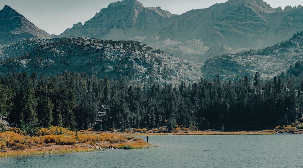 Man Fishing in Long Lake. Little Lakes Valley Trail in Bishop California