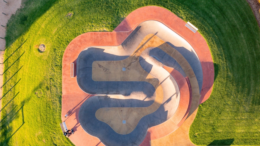 Aerial view of a skate bowl surrounded by a grassy area