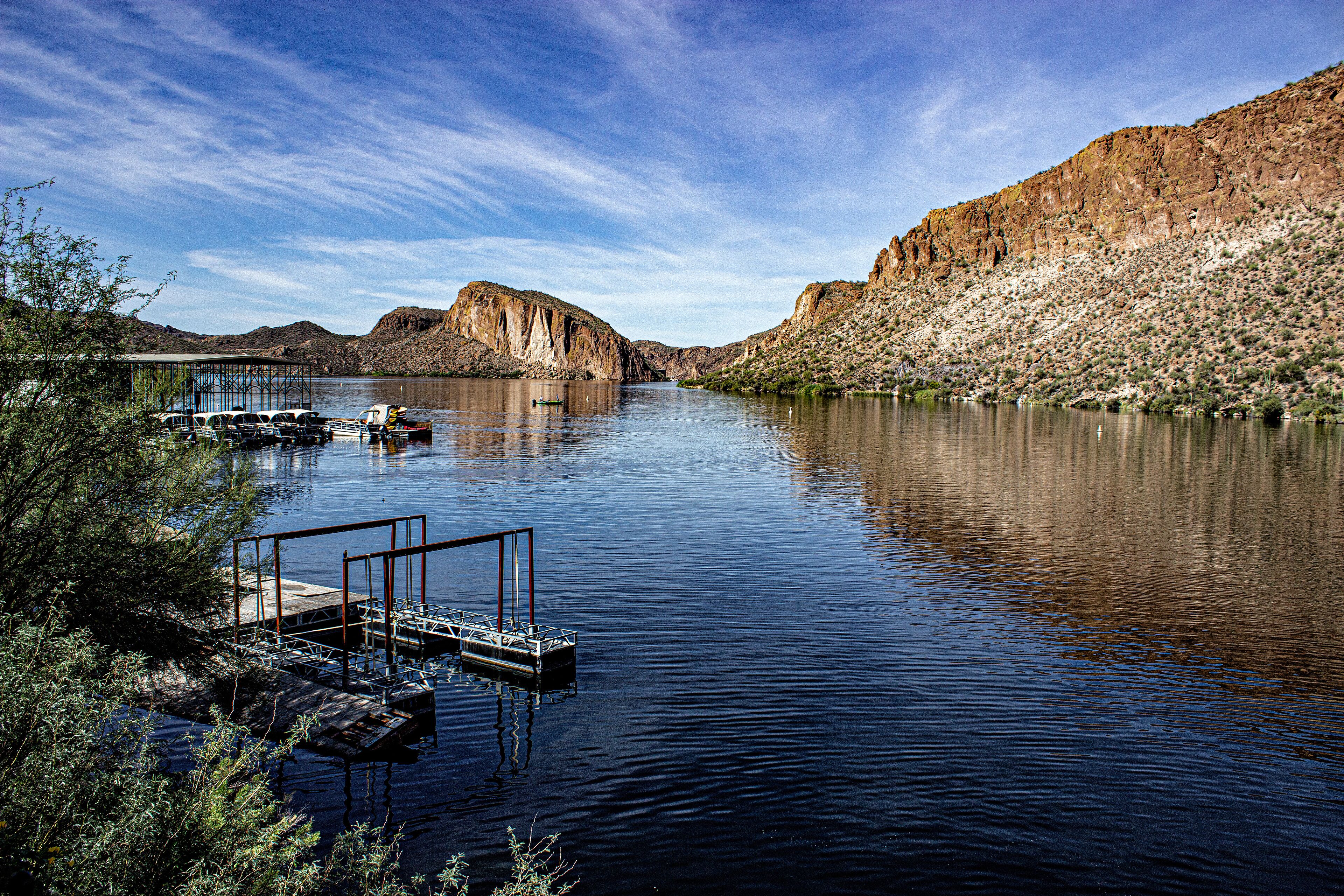Canyon Lake a reservoir on the Apache trail and formed by the Mormon Flat Dam on the Salt River in Arizona. It is in the Superstition Wilderness of Tonto National Forest.