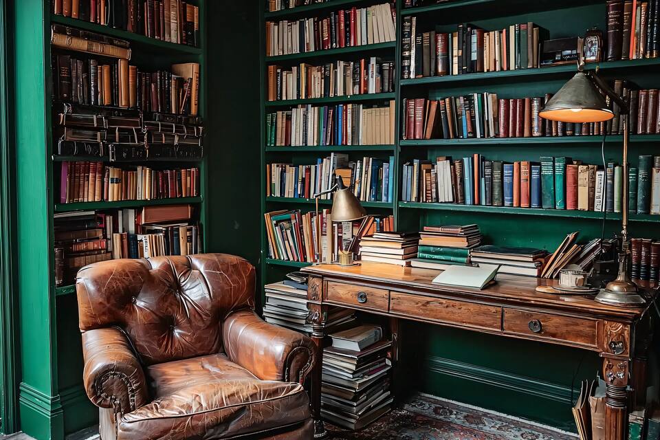 Un fauteuil en cuir, un bureau en bois et des étagères vertes remplies de livres.