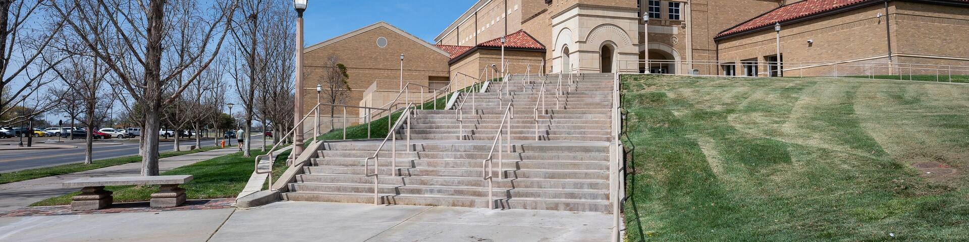 Staircase leading to the arena and its tower on the campus of Texas Tech University in the city of Lubbock