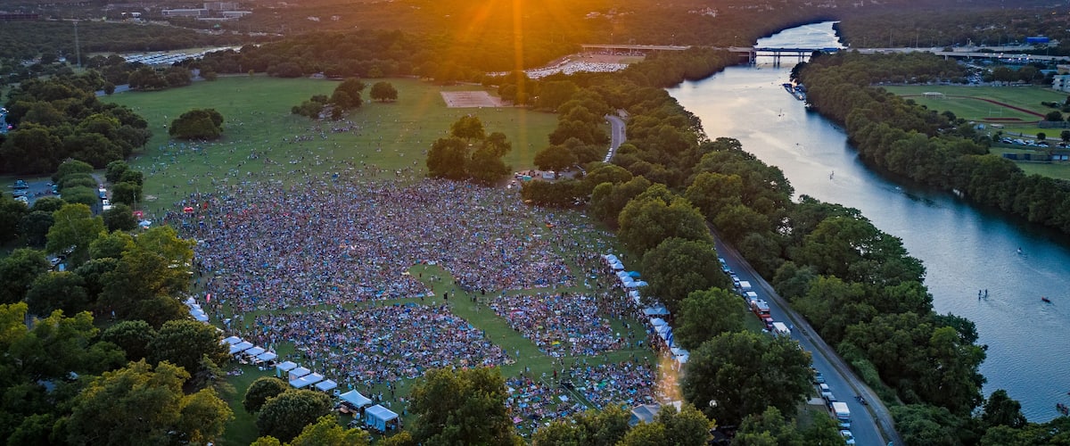 Zilker Park Concert: Sunset Aerial Over Austin Crowd (4K)
