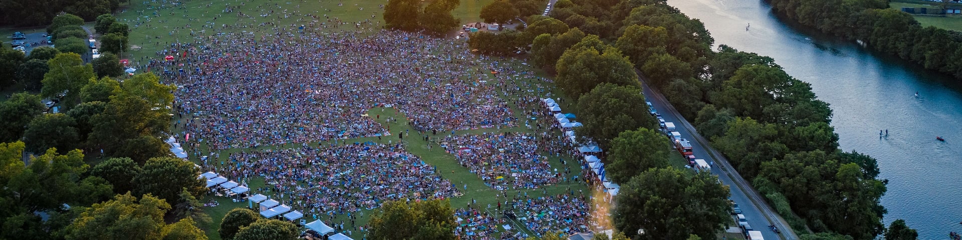Zilker Park Concert: Sunset Aerial Over Austin Crowd (4K)