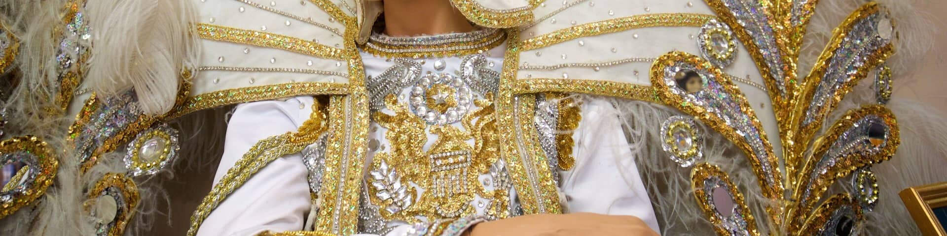 Una persona vestida con un traje blanco y dorado muy ornamentado, con tocado de plumas.