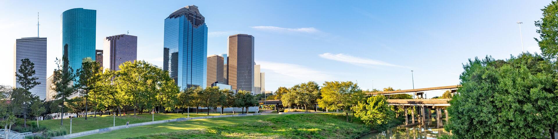 skyline of Houston, Texas in morniong light seen from Buffalo bayou park