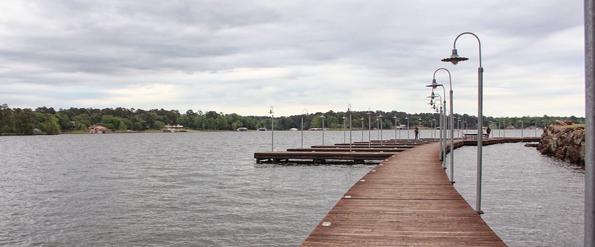 A wooden pier extending into a body of water, with a row of street lamps along its length.
