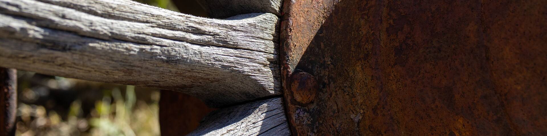 A close-up of a rusted metal object with bolts, surrounded by weathered wooden logs.