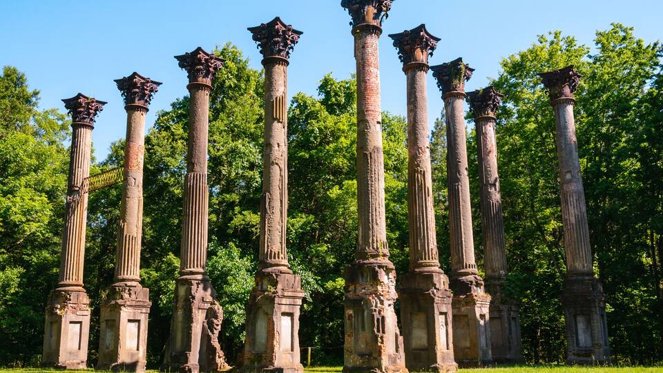 Ancient stone columns with capitals, set in a grassy area with trees in the background.