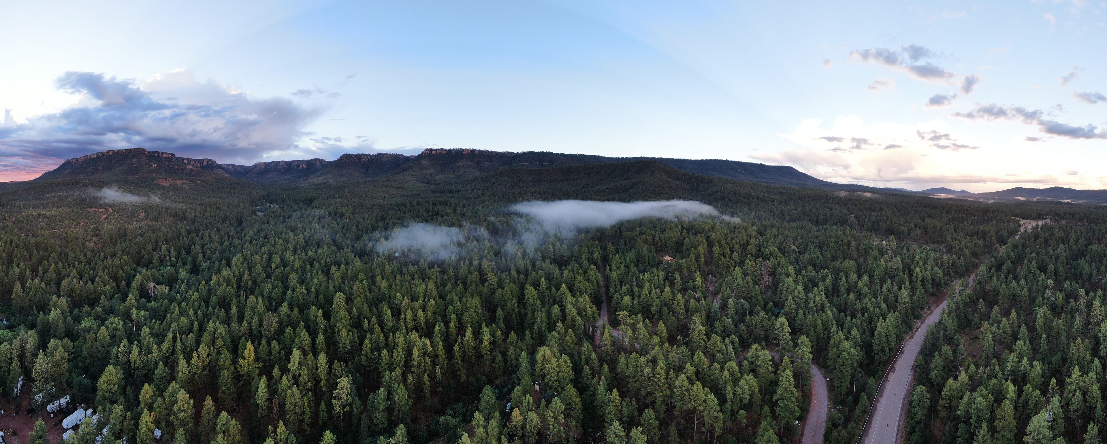 Aerial panorama of the Mogollon Rim & the Town of Christopher Creek, Arizona